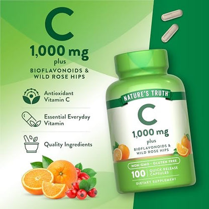 Nature's Truth Vitamin C 1000 mg mit Hagebutte & Bioflavonoiden – 100 Kapseln, Non-GMO & Glutenfrei
