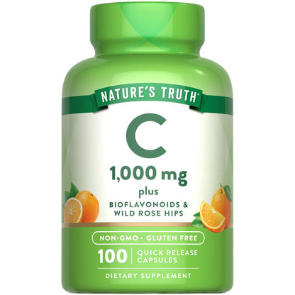 Nature's Truth Vitamin C 1000 mg mit Hagebutte & Bioflavonoiden – 100 Kapseln, Non-GMO & Glutenfrei
