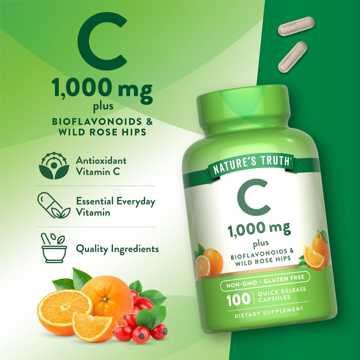 Nature's Truth Vitamin C 1000 mg mit Hagebutte & Bioflavonoiden – 100 Kapseln, Non-GMO & Glutenfrei