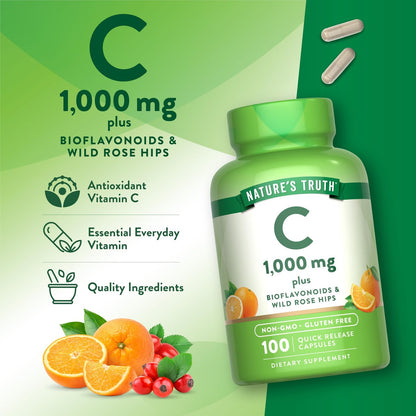Nature's Truth Vitamin C 1000 mg mit Hagebutte & Bioflavonoiden – 100 Kapseln, Non-GMO & Glutenfrei