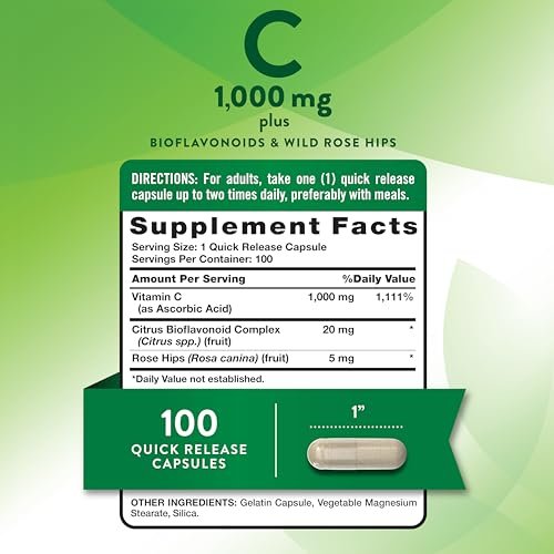 Nature's Truth Vitamin C 1000 mg mit Hagebutte & Bioflavonoiden – 100 Kapseln, Non-GMO & Glutenfrei
