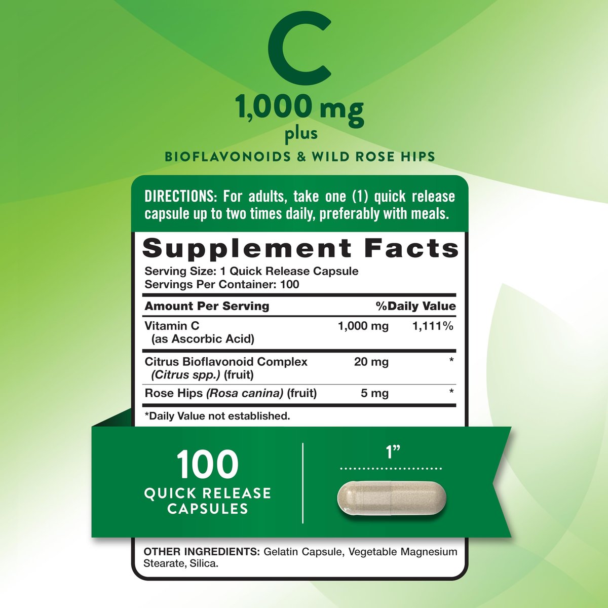 Nature's Truth Vitamin C 1000 mg mit Hagebutte & Bioflavonoiden – 100 Kapseln, Non-GMO & Glutenfrei