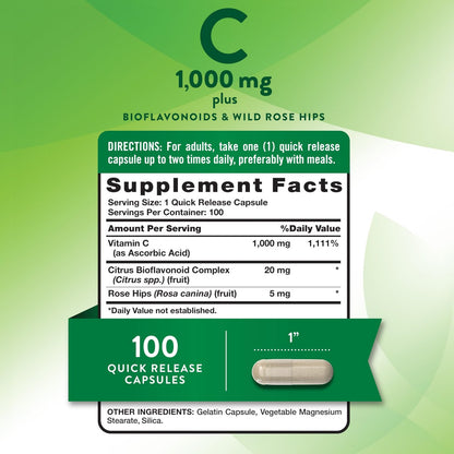 Nature's Truth Vitamin C 1000 mg mit Hagebutte & Bioflavonoiden – 100 Kapseln, Non-GMO & Glutenfrei