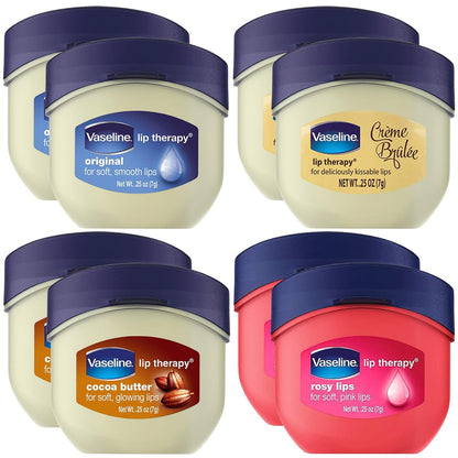 Vaseline Lip Therapy 8er-Pack – Original, Crème Brûlée, Rosy Lips, Kakaobutter Mini-Lippenbalsame für weiche, glänzende und unwiderstehlich küssbare Lippen, je 0,25 oz