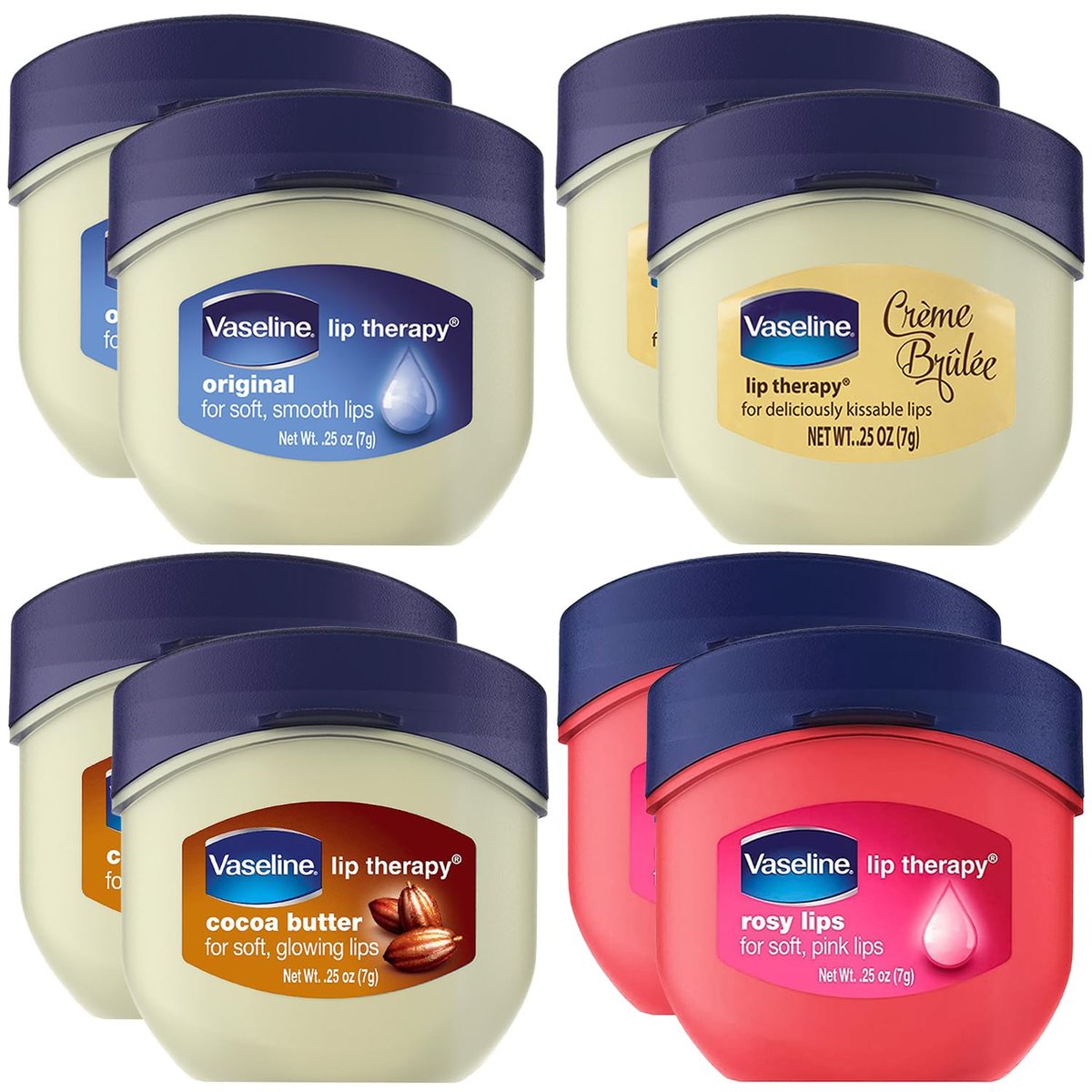 Vaseline Lip Therapy 8er-Pack – Original, Crème Brûlée, Rosy Lips, Kakaobutter Mini-Lippenbalsame für weiche, glänzende und unwiderstehlich küssbare Lippen, je 0,25 oz