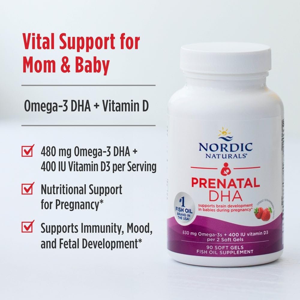 Nordic Naturals Prenatal DHA, Erdbeer - 90 Weichkapseln - 830 mg Omega-3 + 400 IE Vitamin D3 - Non-GMO - 45 Portionen