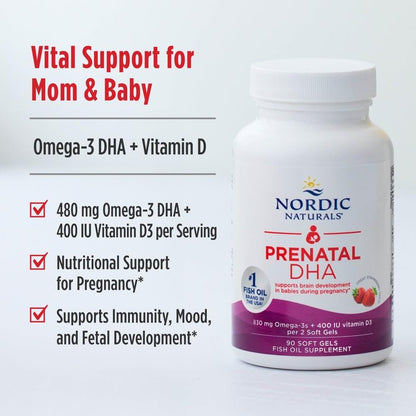 Nordic Naturals Prenatal DHA, Erdbeer - 90 Weichkapseln - 830 mg Omega-3 + 400 IE Vitamin D3 - Non-GMO - 45 Portionen
