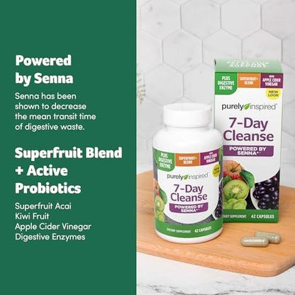 Purely Inspired 7-Tage-Detox-Kur – Ganzkörperreinigung für Frauen und Männer mit Sennesblättern, Vitamin C, Apfelessig, Verdauungsenzymen und Probiotika – 42 Acai-Beeren-Kapseln