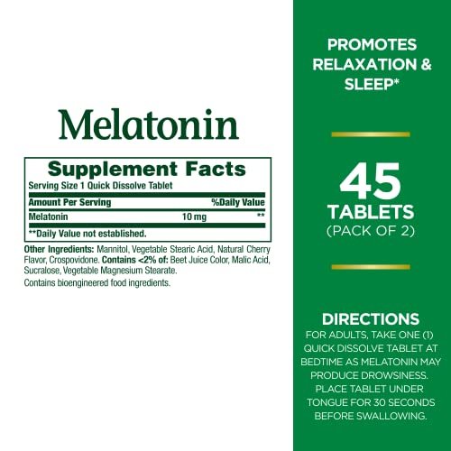 Nature's Bounty Melatonin Schnellschmelz-Tabletten, 45 Stück (2er-Pack) – Einschlafhilfe mit Melatonin