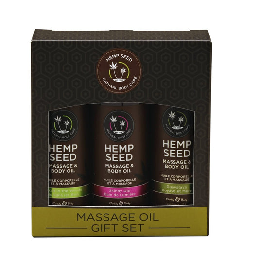 Hanföl Massage- & Körperöl Geschenkset – 3×60 ml in den Düften Naked in the Woods, Skinny Dip & Guavalava – mit Hanf-, Aprikosen-, Traubenkern- & Süßmandelöl – vegan & tierversuchsfrei