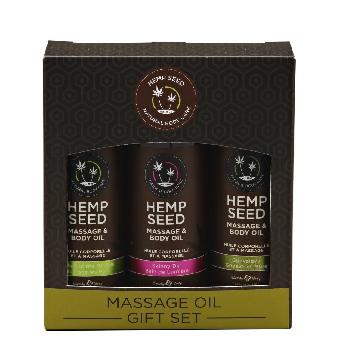 Hanföl Massage- & Körperöl Geschenkset – 3×60 ml in den Düften Naked in the Woods, Skinny Dip & Guavalava – mit Hanf-, Aprikosen-, Traubenkern- & Süßmandelöl – vegan & tierversuchsfrei