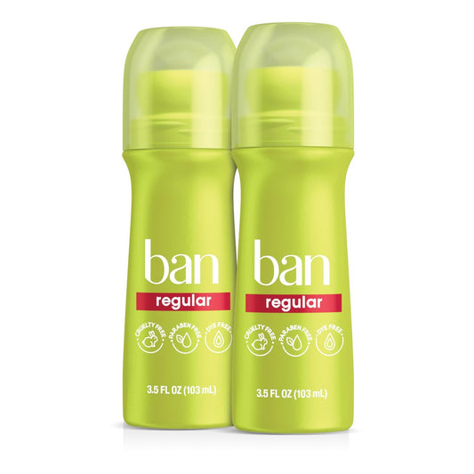 Ban Unsichtbarer Roll-On Antiperspirant Deodorant für Damen und Herren, 24-Stunden-Achselgeruchs- und Schweißschutz, Regular, 3,5 Oz, Packung mit 2