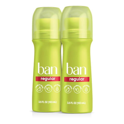 Ban Unsichtbarer Roll-On Antiperspirant Deodorant für Damen und Herren, 24-Stunden-Achselgeruchs- und Schweißschutz, Regular, 3,5 Oz, Packung mit 2