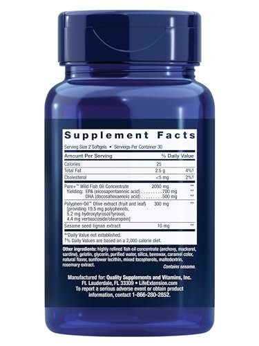 Life Extension Super Omega-3 EPA/DHA Fischöl mit Sesam-Lignanen und Olivenextrakt – Unterstützung für Herzgesundheit, Gehirngesundheit, Entzündungsreaktionen und Cholesterinspiegel, glutenfrei, nicht-GVO, 60 Softgels