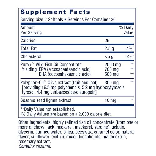 Life Extension Super Omega-3 EPA/DHA Fischöl mit Sesam-Lignanen und Olivenextrakt – Unterstützung für Herzgesundheit, Gehirngesundheit, Entzündungsreaktionen und Cholesterinspiegel, glutenfrei, nicht-GVO, 60 Softgels