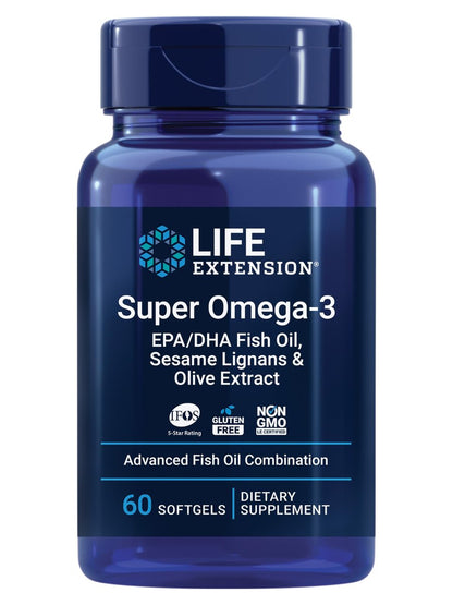 Life Extension Super Omega-3 EPA/DHA Fischöl mit Sesam-Lignanen und Olivenextrakt – Unterstützung für Herzgesundheit, Gehirngesundheit, Entzündungsreaktionen und Cholesterinspiegel, glutenfrei, nicht-GVO, 60 Softgels