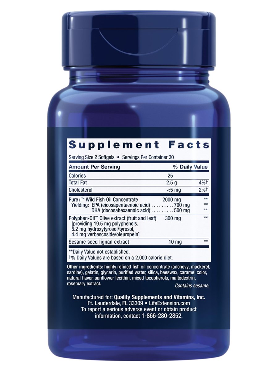 Life Extension Super Omega-3 EPA/DHA Fischöl mit Sesam-Lignanen und Olivenextrakt – Unterstützung für Herzgesundheit, Gehirngesundheit, Entzündungsreaktionen und Cholesterinspiegel, glutenfrei, nicht-GVO, 60 Softgels