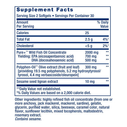 Life Extension Super Omega-3 EPA/DHA Fischöl mit Sesam-Lignanen und Olivenextrakt – Unterstützung für Herzgesundheit, Gehirngesundheit, Entzündungsreaktionen und Cholesterinspiegel, glutenfrei, nicht-GVO, 60 Softgels