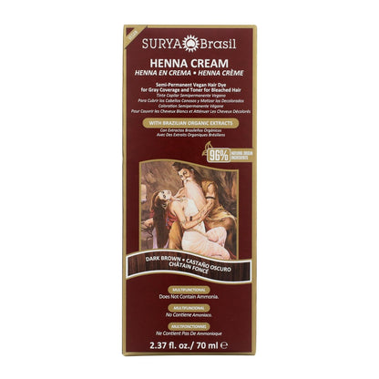 Surya Brasil Henna Cream Dunkelbraun – 96% natürliche Inhaltsstoffe, vegan, tierversuchsfrei, umweltfreundlich, semi-permanente Haarfarbe, tiefe Feuchtigkeit & Glanz, 2,37 oz