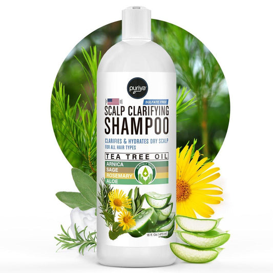 Puriya Tea Tree Klärendes Shampoo – Pflanzliche Linderung bei trockener, juckender Kopfhaut für Kinder und Erwachsene – Sulfatfrei, ohne aggressive Chemikalien – 473 ml
