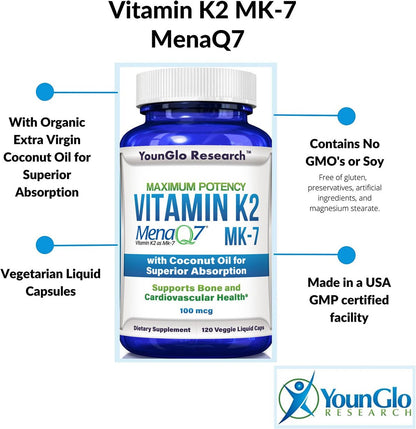 YounGlo Research Vitamin K2 MK7 (MenaQ7) 100 mcg mit Kokosöl für verbesserte Absorption – 120 vegane Kapseln zur Unterstützung von Knochenstärke und -dichte für Erwachsene, Männer und Frauen