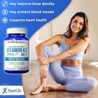 YounGlo Research Vitamin K2 MK7 (MenaQ7) 100 mcg mit Kokosöl für verbesserte Absorption – 120 vegane Kapseln zur Unterstützung von Knochenstärke und -dichte für Erwachsene, Männer und Frauen