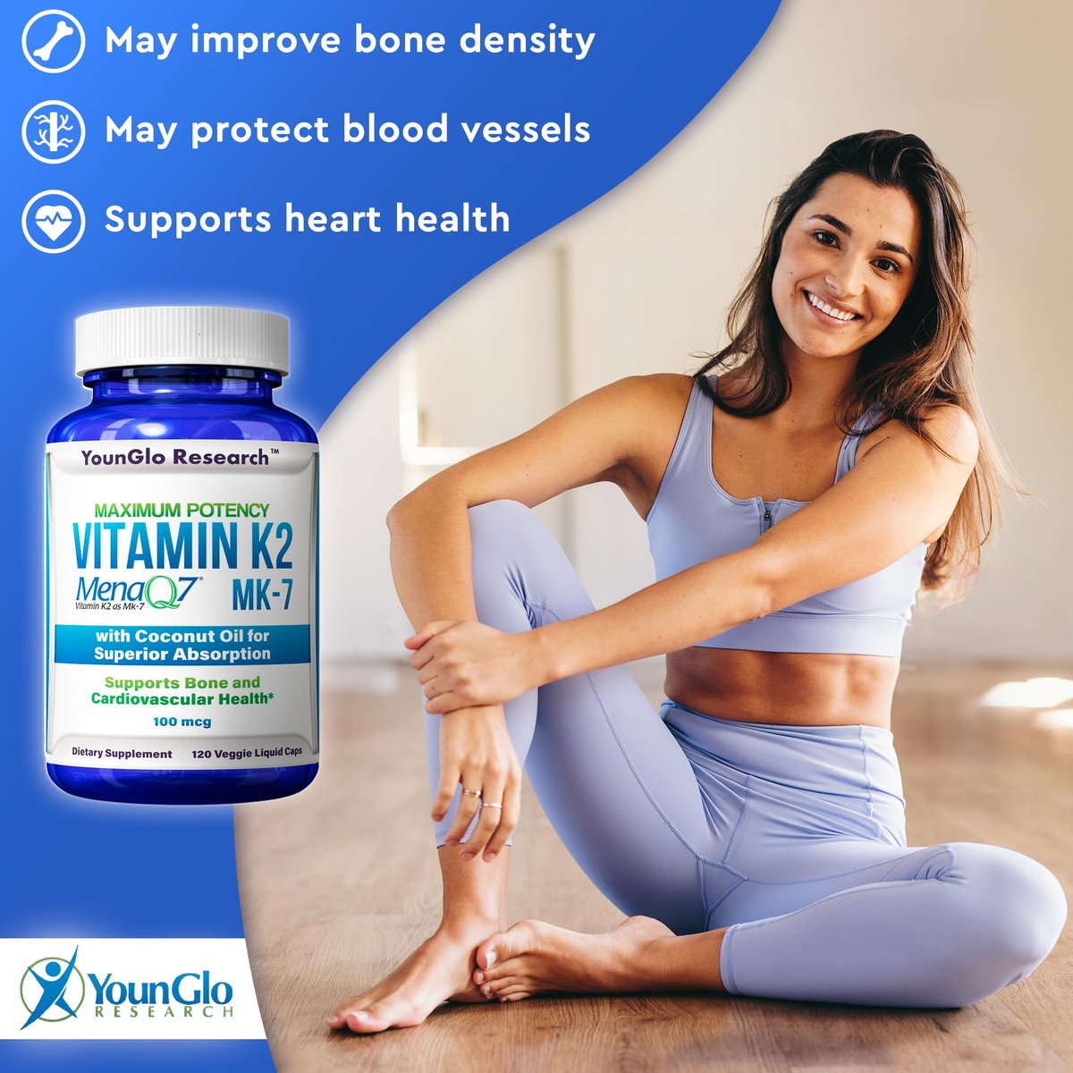 YounGlo Research Vitamin K2 MK7 (MenaQ7) 100 mcg mit Kokosöl für verbesserte Absorption – 120 vegane Kapseln zur Unterstützung von Knochenstärke und -dichte für Erwachsene, Männer und Frauen