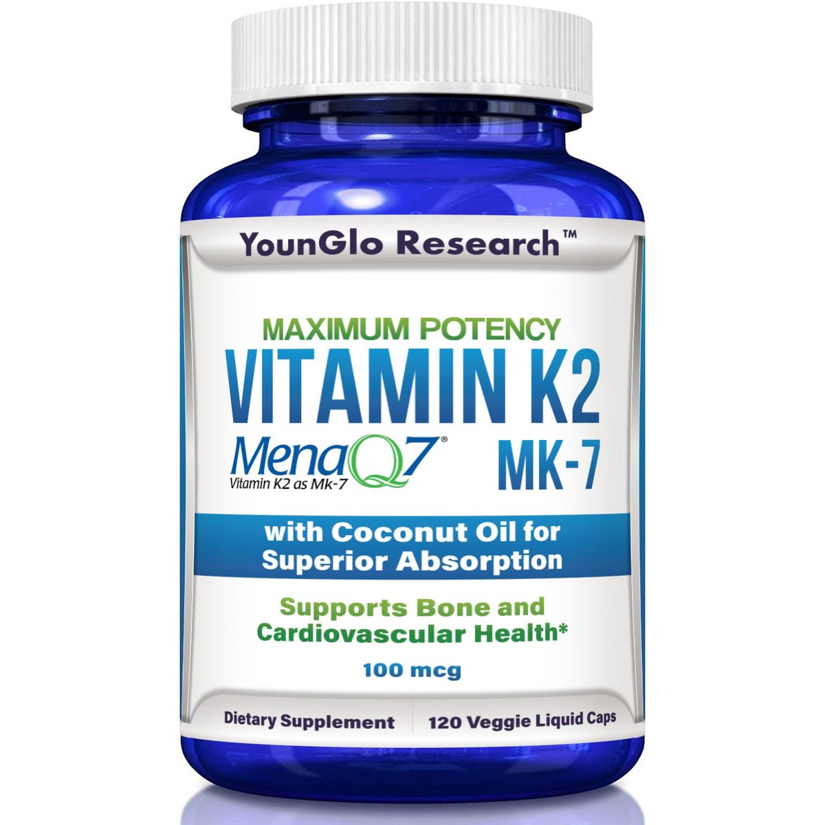 YounGlo Research Vitamin K2 MK7 (MenaQ7) 100 mcg mit Kokosöl für verbesserte Absorption – 120 vegane Kapseln zur Unterstützung von Knochenstärke und -dichte für Erwachsene, Männer und Frauen