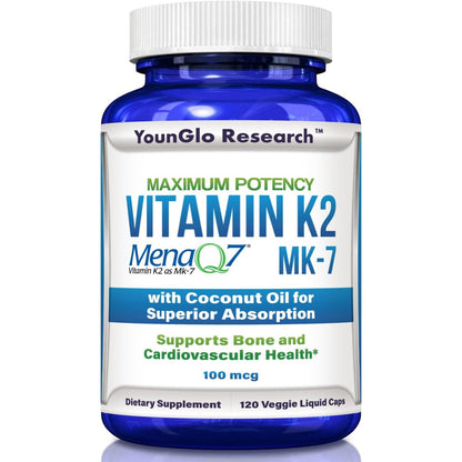 YounGlo Research Vitamin K2 MK7 (MenaQ7) 100 mcg mit Kokosöl für verbesserte Absorption – 120 vegane Kapseln zur Unterstützung von Knochenstärke und -dichte für Erwachsene, Männer und Frauen