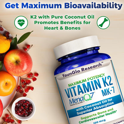 YounGlo Research Vitamin K2 MK7 (MenaQ7) 100 mcg mit Kokosöl für verbesserte Absorption – 120 vegane Kapseln zur Unterstützung von Knochenstärke und -dichte für Erwachsene, Männer und Frauen