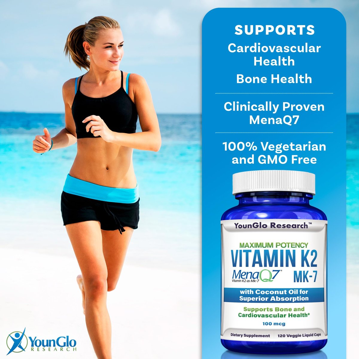 YounGlo Research Vitamin K2 MK7 (MenaQ7) 100 mcg mit Kokosöl für verbesserte Absorption – 120 vegane Kapseln zur Unterstützung von Knochenstärke und -dichte für Erwachsene, Männer und Frauen