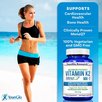 YounGlo Research Vitamin K2 MK7 (MenaQ7) 100 mcg mit Kokosöl für verbesserte Absorption – 120 vegane Kapseln zur Unterstützung von Knochenstärke und -dichte für Erwachsene, Männer und Frauen