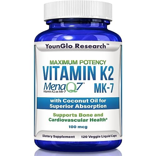 YounGlo Research Vitamin K2 MK7 (MenaQ7) 100 mcg mit Kokosöl für verbesserte Absorption – 120 vegane Kapseln zur Unterstützung von Knochenstärke und -dichte für Erwachsene, Männer und Frauen
