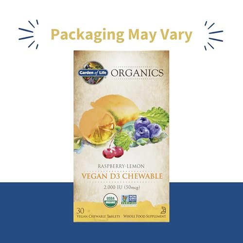 Garden of Life Organics Vegan Vitamin D3 Lutschtabletten - Himbeer-Zitrone, 2.000 IE (50 mcg) Vollwert-Vitamin D3 aus Flechten plus Pilzmischung, glutenfrei, 30 Lutschtabletten