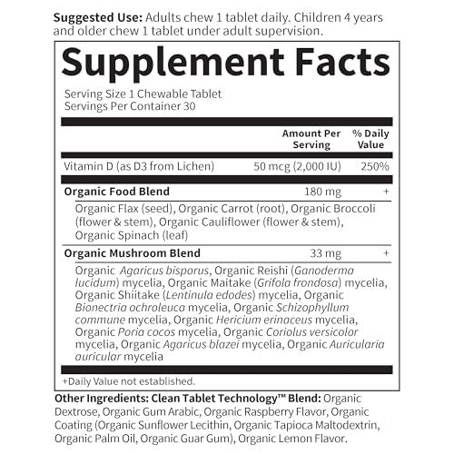 Garden of Life Organics Vegan Vitamin D3 Lutschtabletten - Himbeer-Zitrone, 2.000 IE (50 mcg) Vollwert-Vitamin D3 aus Flechten plus Pilzmischung, glutenfrei, 30 Lutschtabletten