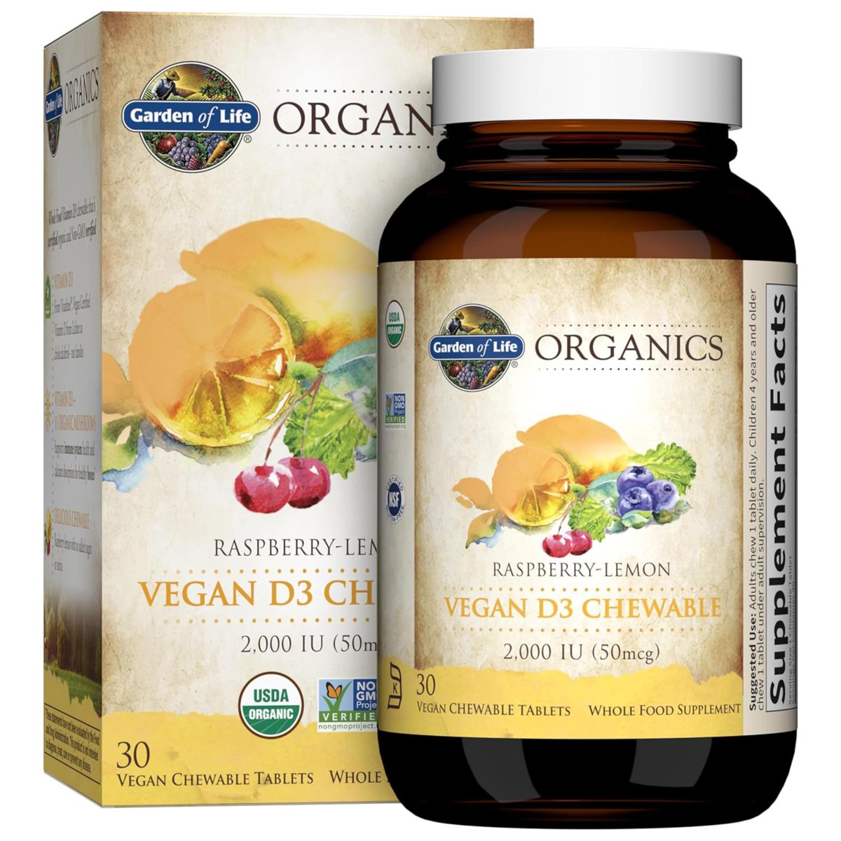 Garden of Life Organics Vegan Vitamin D3 Lutschtabletten - Himbeer-Zitrone, 2.000 IE (50 mcg) Vollwert-Vitamin D3 aus Flechten plus Pilzmischung, glutenfrei, 30 Lutschtabletten