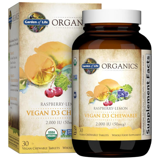 Garden of Life Organics Vegan Vitamin D3 Lutschtabletten - Himbeer-Zitrone, 2.000 IE (50 mcg) Vollwert-Vitamin D3 aus Flechten plus Pilzmischung, glutenfrei, 30 Lutschtabletten