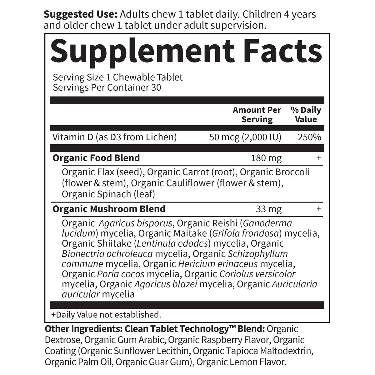 Garden of Life Organics Vegan Vitamin D3 Lutschtabletten - Himbeer-Zitrone, 2.000 IE (50 mcg) Vollwert-Vitamin D3 aus Flechten plus Pilzmischung, glutenfrei, 30 Lutschtabletten