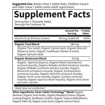 Garden of Life Organics Vegan Vitamin D3 Lutschtabletten - Himbeer-Zitrone, 2.000 IE (50 mcg) Vollwert-Vitamin D3 aus Flechten plus Pilzmischung, glutenfrei, 30 Lutschtabletten