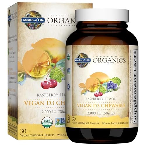 Garden of Life Organics Vegan Vitamin D3 Lutschtabletten - Himbeer-Zitrone, 2.000 IE (50 mcg) Vollwert-Vitamin D3 aus Flechten plus Pilzmischung, glutenfrei, 30 Lutschtabletten