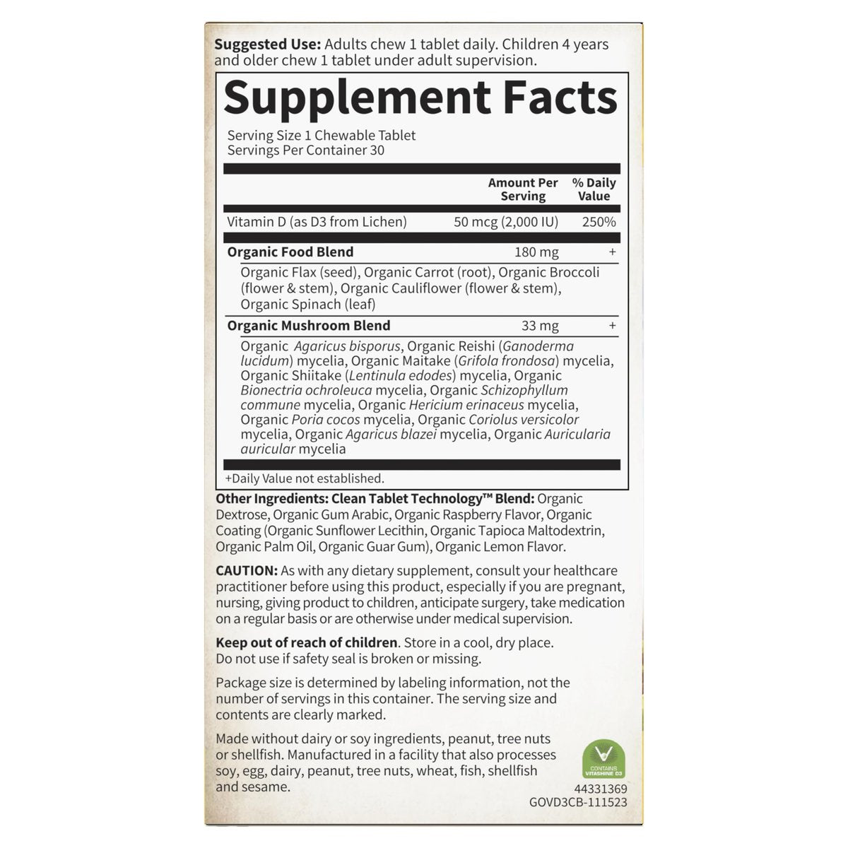 Garden of Life Organics Vegan Vitamin D3 Lutschtabletten - Himbeer-Zitrone, 2.000 IE (50 mcg) Vollwert-Vitamin D3 aus Flechten plus Pilzmischung, glutenfrei, 30 Lutschtabletten