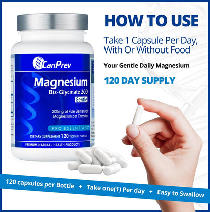 CanPrev Magnesium Bis-Glycinat 200mg, 120 Kapseln – 120-Tage-Versorgung – Reines elementares Magnesiumpräparat, unterstützt Knochen- und Muskelfunktion, magenschonend, ideal für den täglichen Magnesiumbedarf
