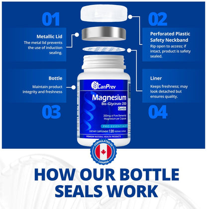 CanPrev Magnesium Bis-Glycinat 200mg, 120 Kapseln – 120-Tage-Versorgung – Reines elementares Magnesiumpräparat, unterstützt Knochen- und Muskelfunktion, magenschonend, ideal für den täglichen Magnesiumbedarf