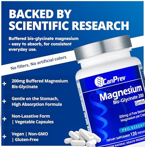 CanPrev Magnesium Bis-Glycinat 200mg, 120 Kapseln – 120-Tage-Versorgung – Reines elementares Magnesiumpräparat, unterstützt Knochen- und Muskelfunktion, magenschonend, ideal für den täglichen Magnesiumbedarf