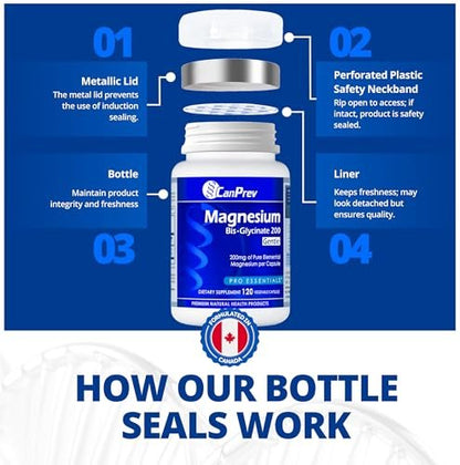 CanPrev Magnesium Bis-Glycinat 200mg, 120 Kapseln – 120-Tage-Versorgung – Reines elementares Magnesiumpräparat, unterstützt Knochen- und Muskelfunktion, magenschonend, ideal für den täglichen Magnesiumbedarf
