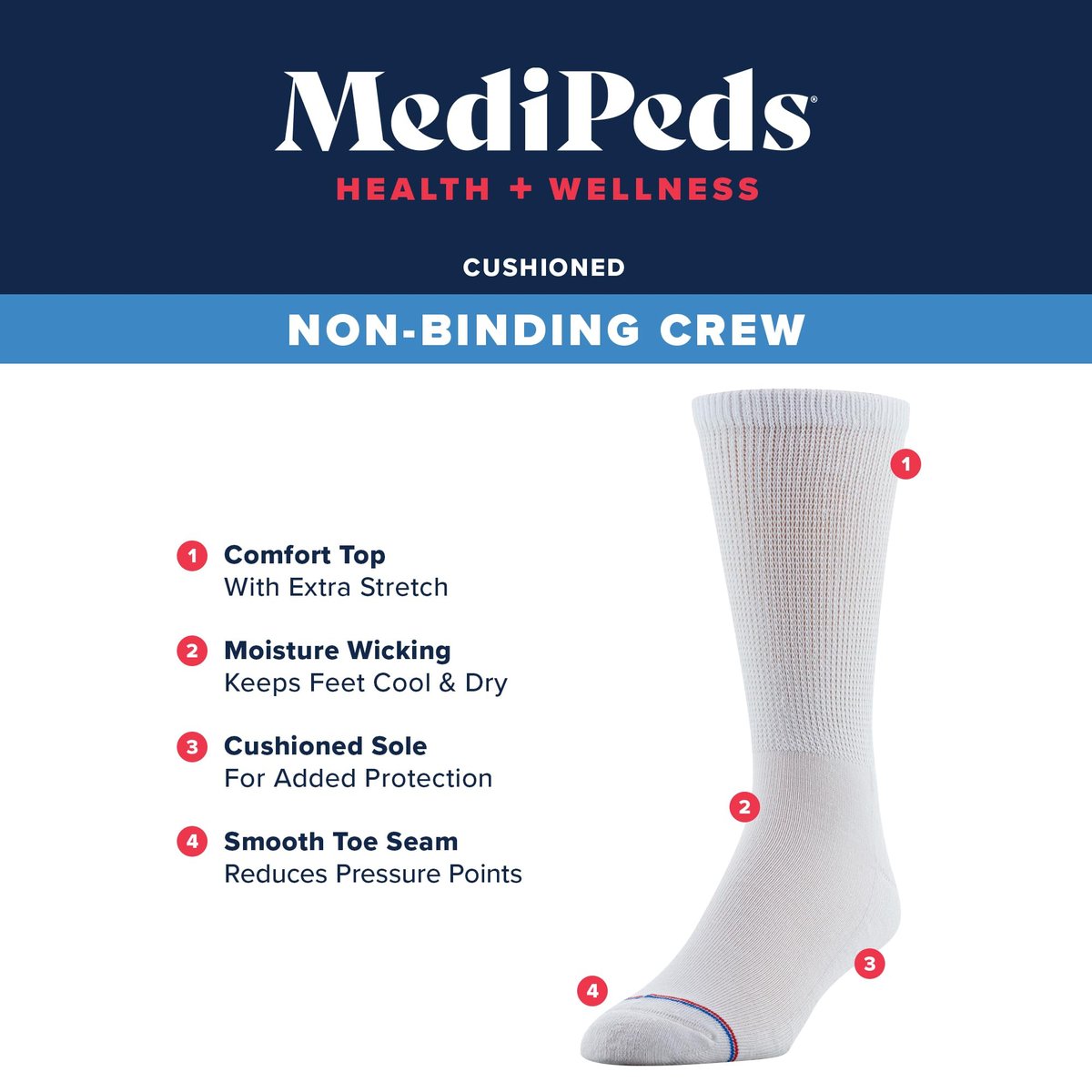 MediPeds Herren-/Damen-Crew-Socken mit nicht einschnürendem Bündchen und Polsterung, 8 Paar Weiß, Schuhgröße: Herren 7-12; Damen 10-13