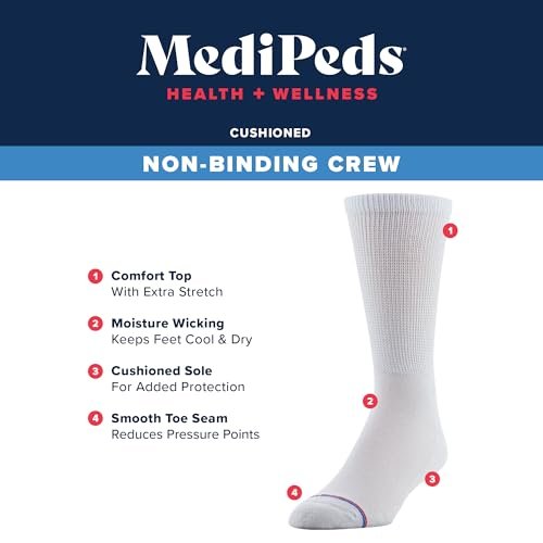 MediPeds Herren-/Damen-Crew-Socken mit nicht einschnürendem Bündchen und Polsterung, 8 Paar Weiß, Schuhgröße: Herren 7-12; Damen 10-13