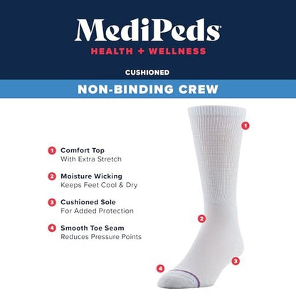 MediPeds Herren-/Damen-Crew-Socken mit nicht einschnürendem Bündchen und Polsterung, 8 Paar Weiß, Schuhgröße: Herren 7-12; Damen 10-13