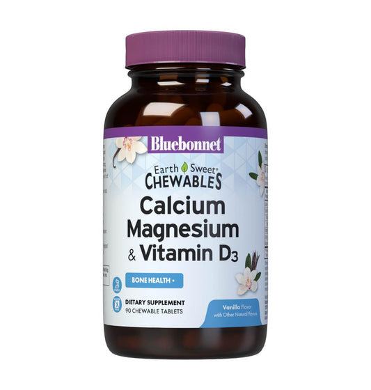 Bluebonnet Nutrition Calcium Magnesium Plus Vitamin D3 Earthsweet – Knochengesundheit & Muskelentspannung, 90 Vanille-Kautabletten