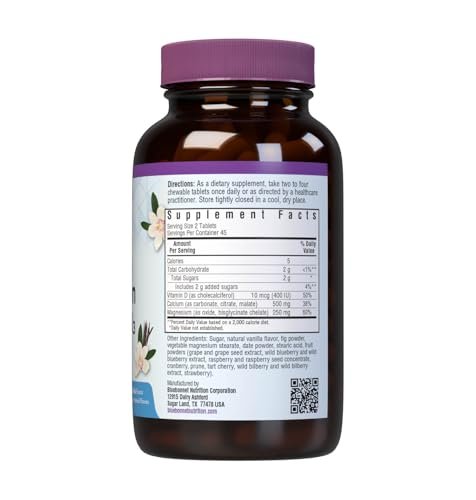 Bluebonnet Nutrition Calcium Magnesium Plus Vitamin D3 Earthsweet – Knochengesundheit & Muskelentspannung, 90 Vanille-Kautabletten